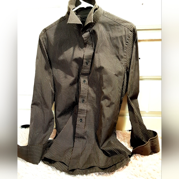 Express Modern Fit Brown Strip Button Up Shirt Mens M Long Sleeve Collared - Picture 8 of 8